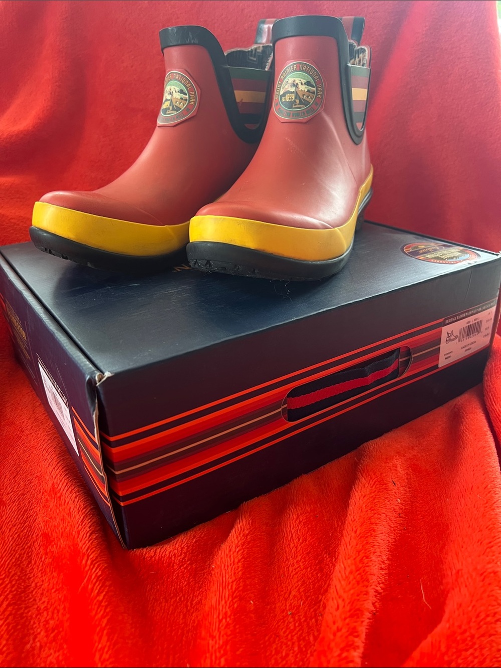 National Park Pendleton bright red and yellow rain boots like new